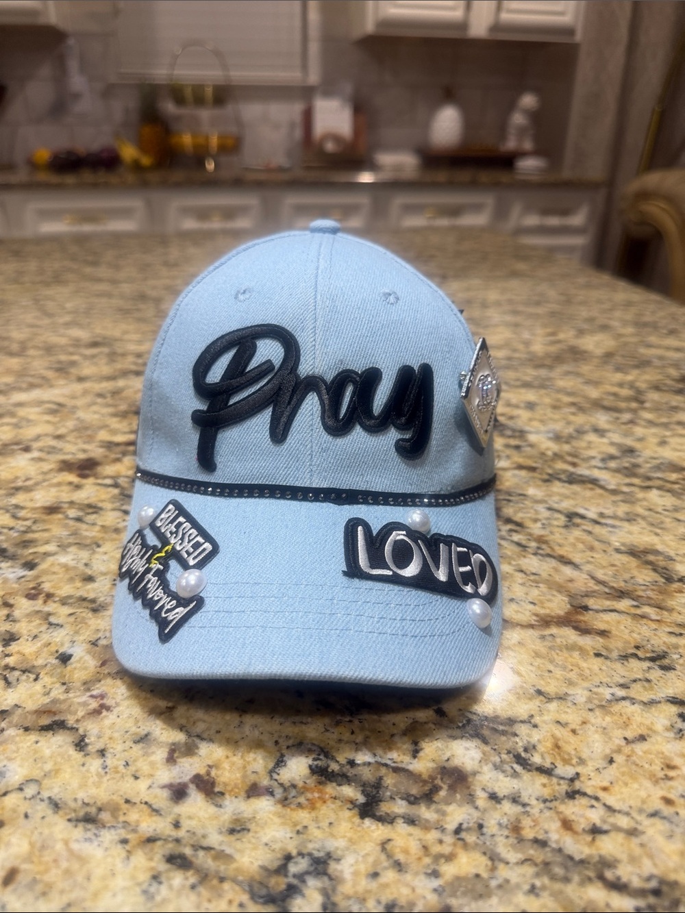 Embellished Light Blue 'Pray Loved' Baseball Cap
